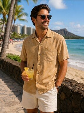 Caribbean Joe‎ Men's XL 100% Silk Shirt Light Orange Camp Short Sleeve Hawaiian
